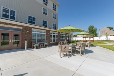 Outdoor seating area with umbrellas and tables