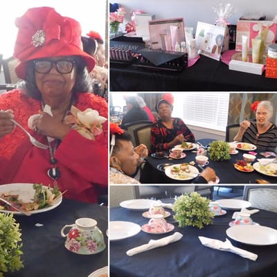 Residents enjoying a meal during a celebration with decorations