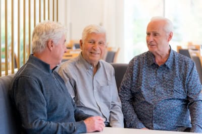 Three senior men engaging in conversation.
