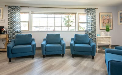 Cozy seating area with blue chairs and decor