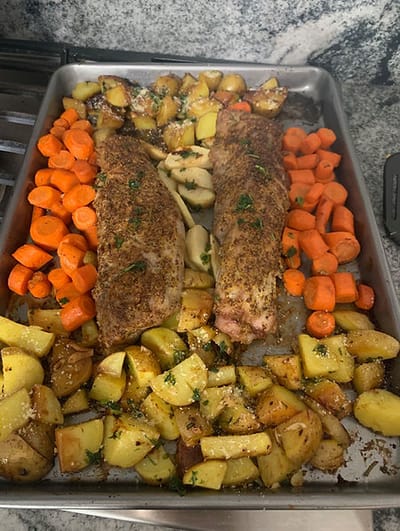 Baked fish with roasted vegetables