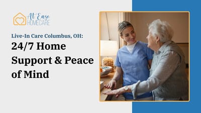 Caregiver assisting an elderly woman with a smile.