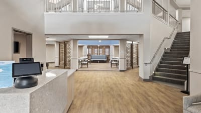 Interior view of a welcoming lobby and dining area