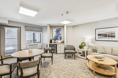 Comfortable common area with seating and art