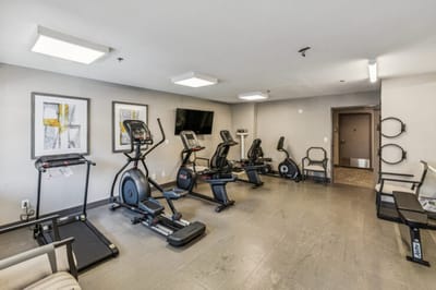 Exercise equipment in a fitness area.