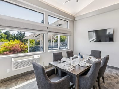 Dining area with a table set for a meal