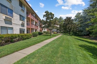 Lush green garden with pathway and building exterior