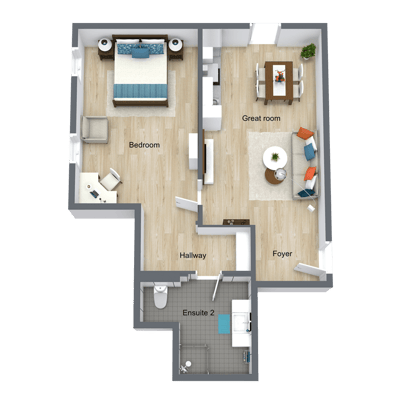 Architectural floor plan of a one-bedroom unit