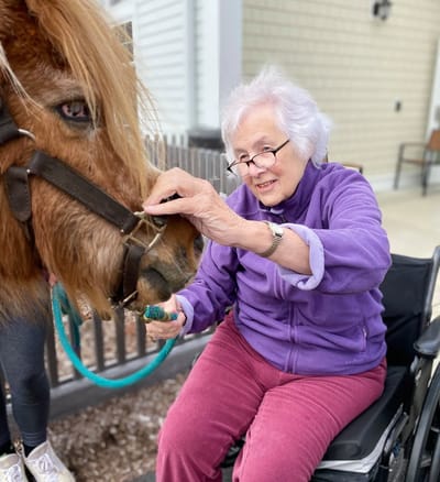 Resident interacting with a pony during an activity
