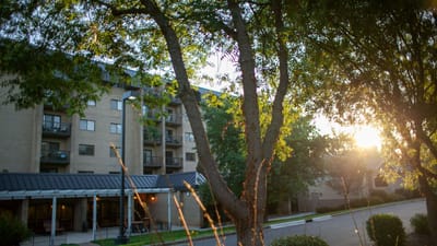 The exterior of Westminster Tower at sunset