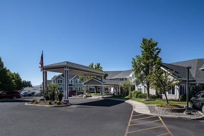 Exterior view of Bishop Place with entrance and landscaping