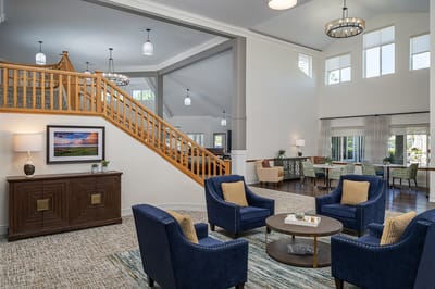 Bright common area with seating and decor