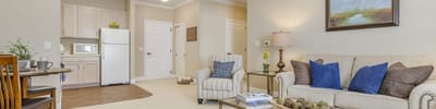Bright interior of a cozy resident unit with a kitchen