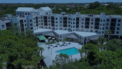 Aerial view of the facility with pool and outdoor area