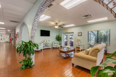 Bright and inviting common area with seating