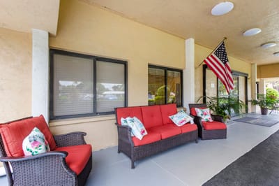 Welcoming seating area with American flag