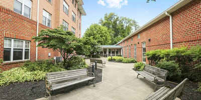 Courtyard with benches and greenery