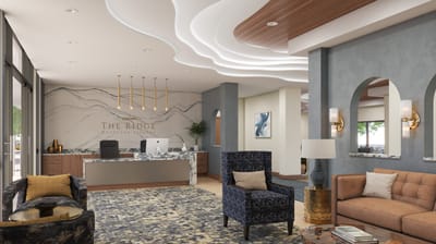 Bright lobby area with modern furnishings at The Ridge