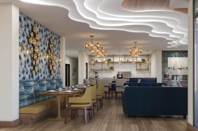 Modern dining area with stylish decor and lighting
