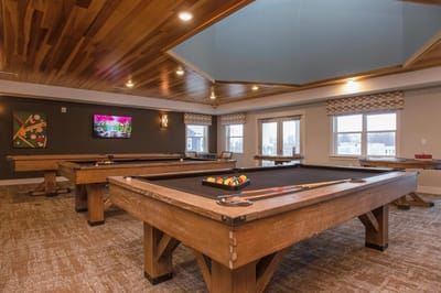 Bright activity room with pool tables and large windows