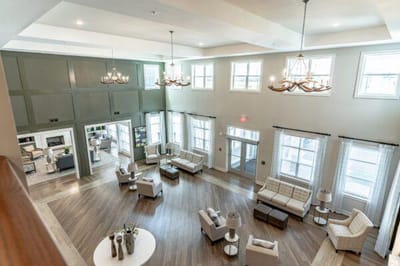 Bright, spacious common area with comfortable seating