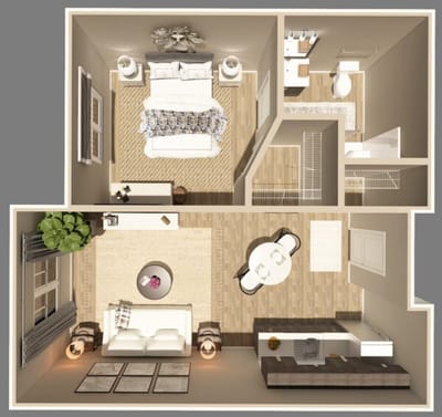 Architectural floor plan of a one-bedroom unit