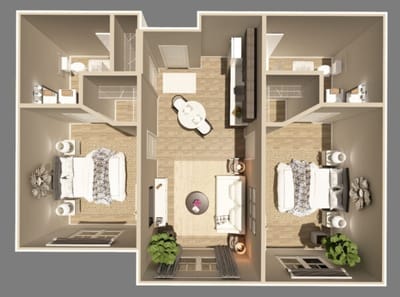 Aerial view of a two-bedroom apartment layout
