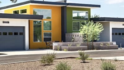 Exterior view of colorful assisted living buildings