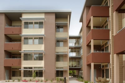 Exterior view of a modern senior living building