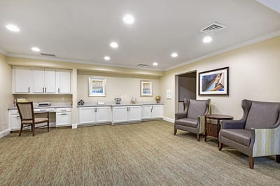 Bright interior common area with seating