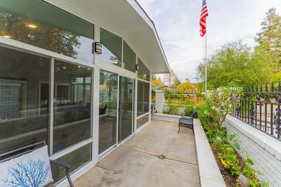 Outdoor patio area of a memory care facility