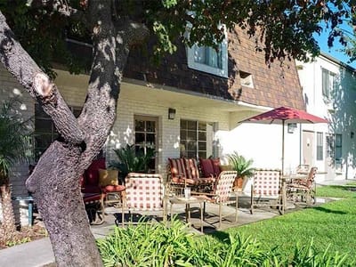Outdoor patio seating area at a senior living facility