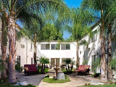 A serene courtyard with palm trees and seating areas