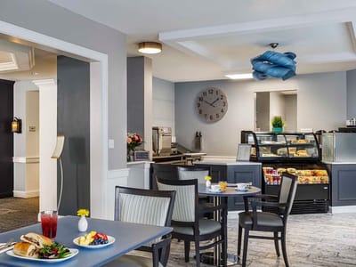 Interior dining area with food and seating