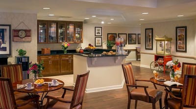 Cozy dining area with food and drinks displayed