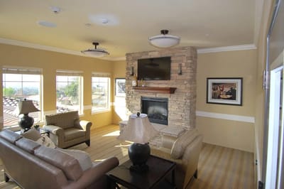 Bright and inviting interior common area with seating