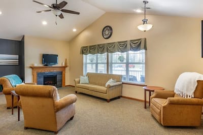 Cozy common area with seating and fireplace