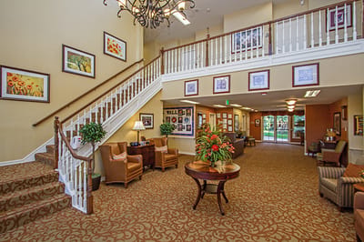 Welcoming interior lobby of the senior living facility