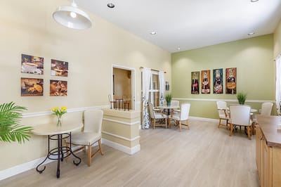 Bright common area with seating and decor