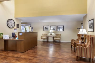 Lobby area with seating and reception desk