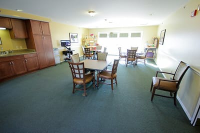 Common area of a senior living facility with seating