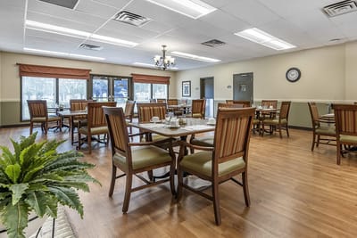 Dining room with tables and chairs ready for service