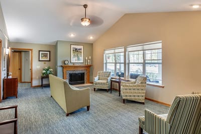 Bright interior common area with seating