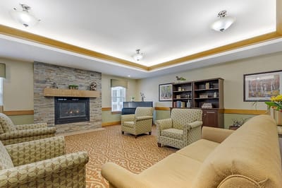 Cozy common area with seating and fireplace
