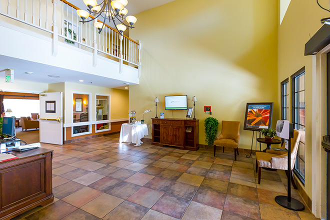 Bright interior view of a common area with seating