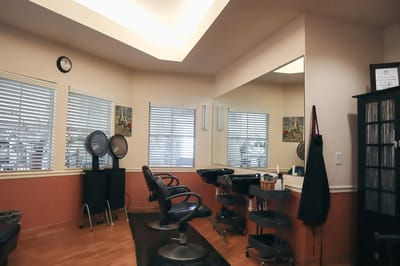 Interior view of a salon with styling chairs and mirrors