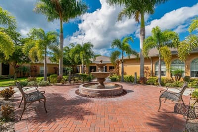 Outdoor courtyard with a fountain and palm trees