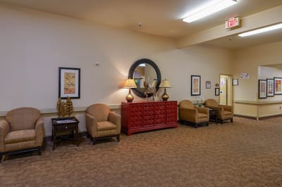 Interior view of a common area with seating and decor