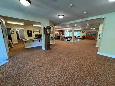 Bright common area with seating and decor