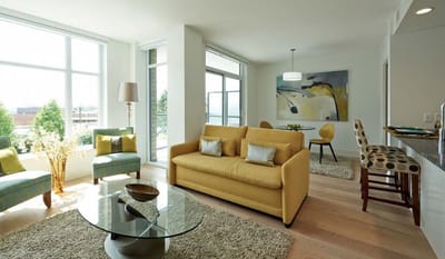 Bright and modern living room in a senior living facility